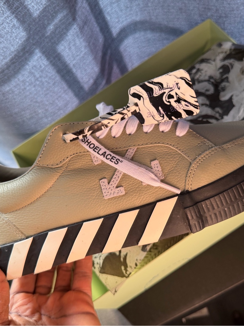 Off-White Men's Gray Leather Low-Top Sneakers with Black & White Striped Sole